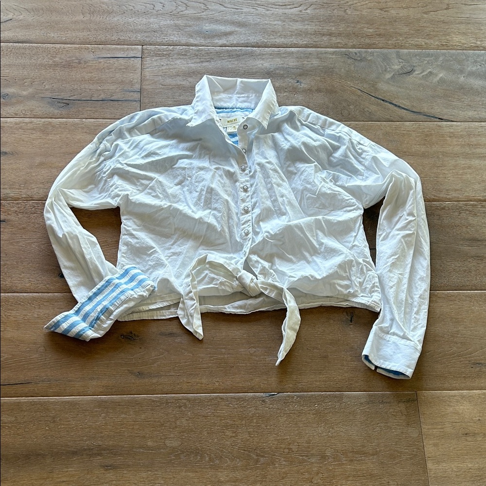 Maeve White Button-Up Shirt with Striped Cuffs